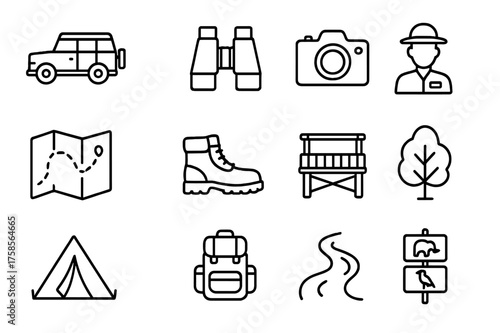Eco-Tourism Icon Set. Eco-tourism. Line icon set of Eco-tourism: safari vehicle, binoculars, camera, guide, map, hiking boots, observation deck,