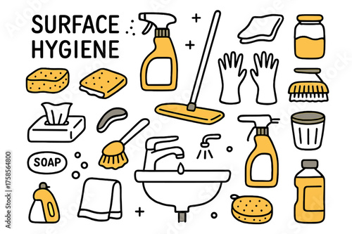 Surface Hygiene Essentials. Surface Hygiene. Hand-drawn doodle illustration surface hygiene disinfectant spray (accented), cloth, sponge (accented), mop,