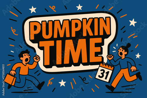 Pumpkin Sale Frenzy. Pumpkin Time banner, flat vector illustration, bold oversized text inside sticker outline, cartoon characters running and shouting near