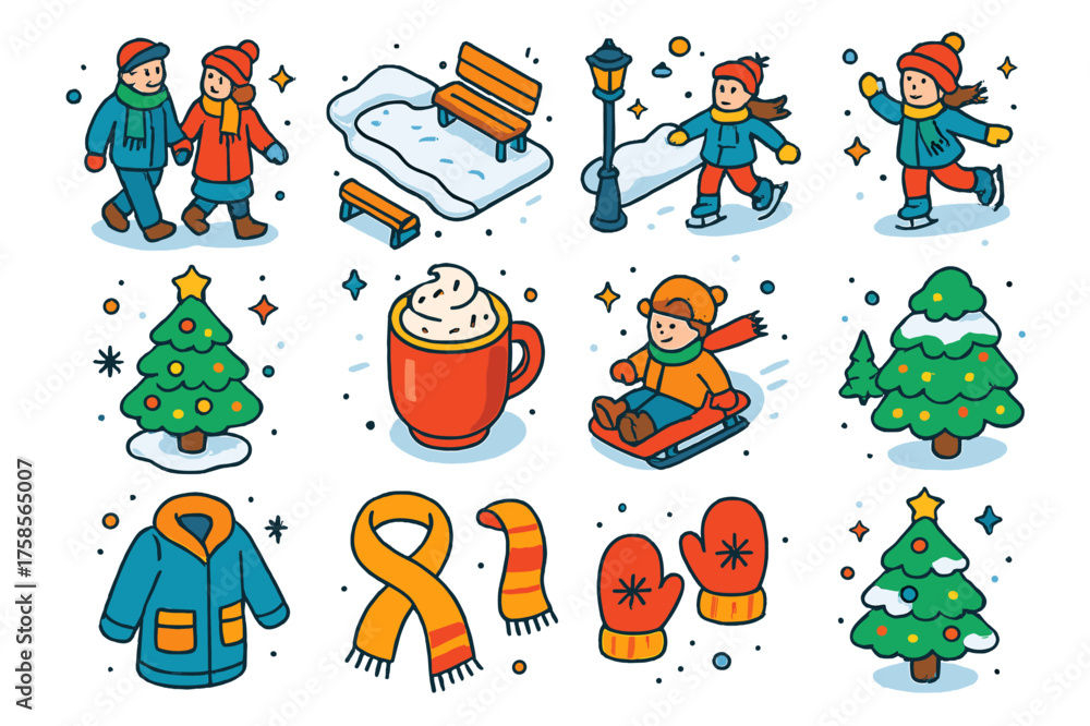Fototapeta premium Winter Wonderland Icons. Holiday stroll. Colorful isometric vector icons set of holiday stroll: people walking, snow-covered path, park benches, lampposts, ice