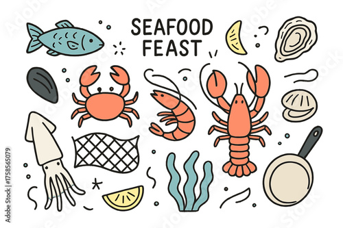 Vibrant Seafood Doodles. Seafood Feast. Hand-drawn doodle illustration fish (colored), crab, shrimp (colored), oyster, lobster, mussel (colored), clam, squid,