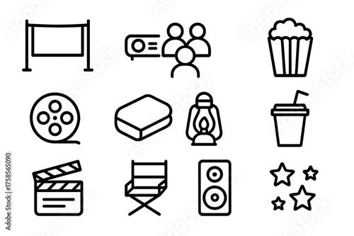 Community Cinema Icons. Community cinema. Line icon set of Community cinema: outdoor screen, projector, audience, popcorn, film reel, blanket, lantern, soda