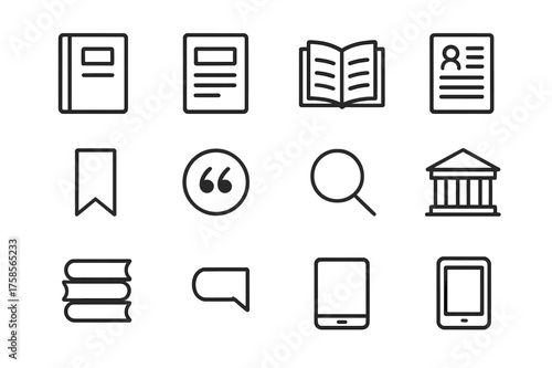 Academic Icon Set. Academic resources. Line icon set of academic resources: journal, article, open book, research paper, bookmark, citation symbol, magnifying