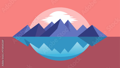 Geometric mountain range reflected in water under a sunset sky