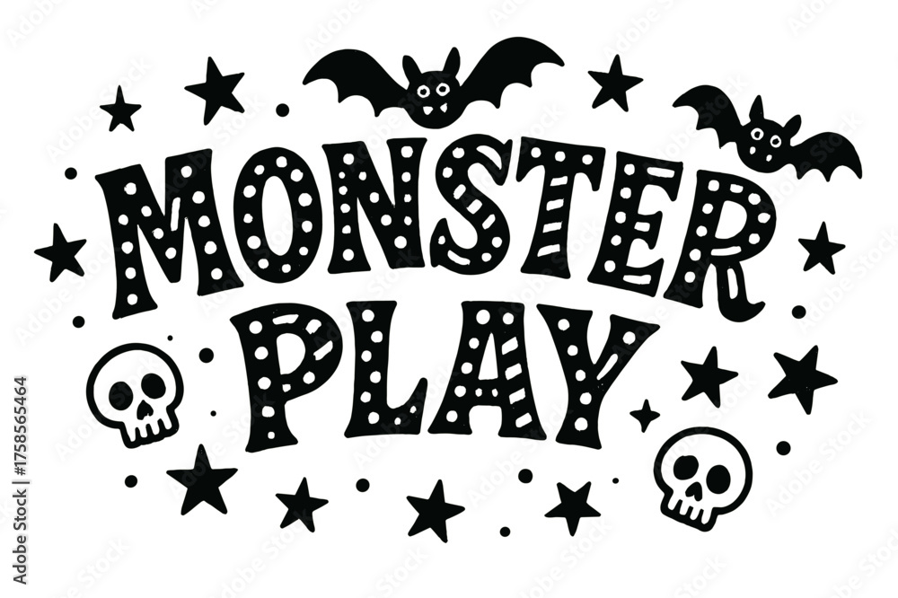 Fototapeta premium Monster Play Typography. Monster Play ? Decorative Display Lettering, playful stylized letters with dots and stripes inside, curved word-shape, framed with