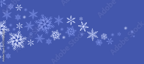 Vector cartoon illustration of a flowing wave made of snowflakes on a deep blue background. Background for elegant winter, holiday and Christmas themed designs or festive greeting card