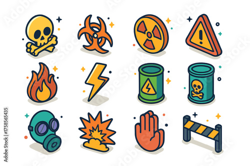 Danger Sign Icons. Danger signs. Colorful isometric vector icons set of danger signs: skull symbol, biohazard, radioactive sign, warning triangle, fire hazard,