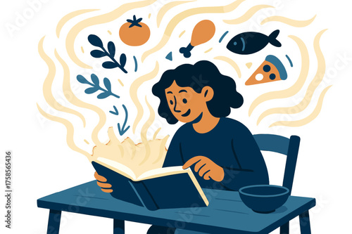 Glowing Cookbook Reverie. Reading a recipe. Person sitting at a kitchen table with glowing cookbook open, abstract food icons floating above. Warm waves of