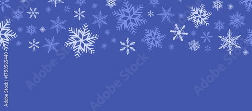 Vector cartoon illustration of a horizontal banner featuring frosty ice crystals and snowflakes. Background for winter holidays, seasonal greetings, and Christmas marketing materials