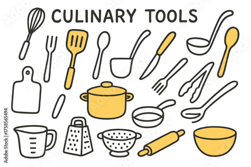 Culinary Tools Doodle. Culinary Tools. Hand-drawn doodle illustration culinary tools spatula (accented), whisk, ladle, spoon (accented), fork, knife, cutting