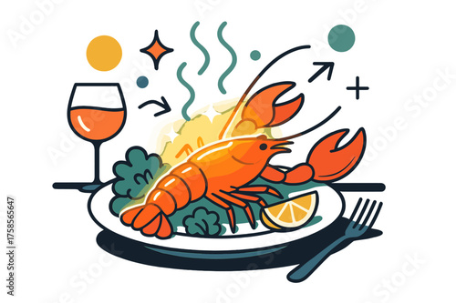 Elegant Lobster Feast. Lobster dinner. Glowing lobster on a dining table with abstract floating steam lines and geometric shapes emphasizing flavor, elegance,