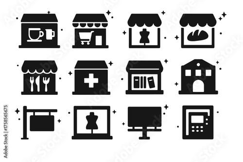 Retail Icon Collection. Retail & Shops. Solid icons set of Retail & Shops: Coffee Shop, Grocery Store, Boutique, Bakery, Restaurant, Pharmacy, Bookstore, Mall,