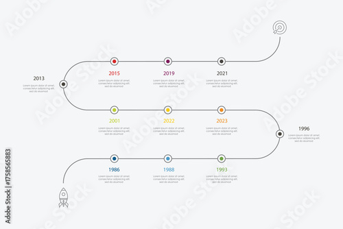 Business timeline workflow infographics. Corporate milestones graphic elements. Company presentation slide template with year periods. Modern vector history time line design.