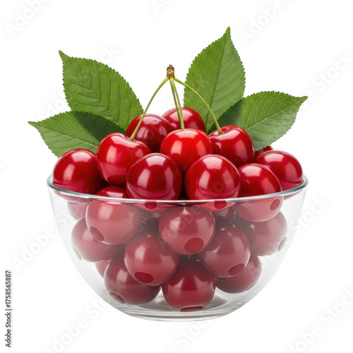 Red cherries with green leaves in a clear glass bowl on background cherry fruit