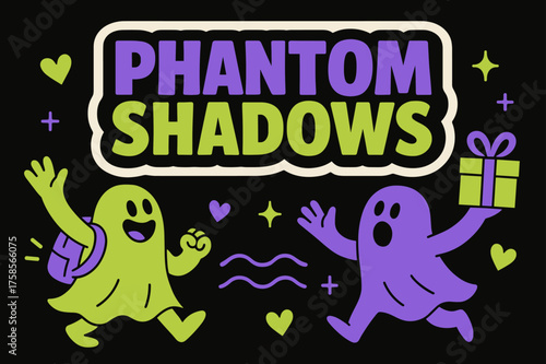 Phantom Shadows Celebration. Phantom Shadows banner, flat vector illustration, bold oversized text inside sticker outline, cartoon characters dancing and