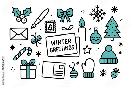 Winter Doodle Greetings. Winter Greetings. Hand-drawn doodle illustration winter greetings greeting card (accented), pen, envelope (accented), stamp, ribbon,