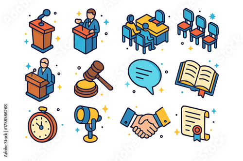 Colorful Icon Grid. Public speaking classes and debate competitions. Colorful isometric vector icons set of public speaking classes and debate competitions: