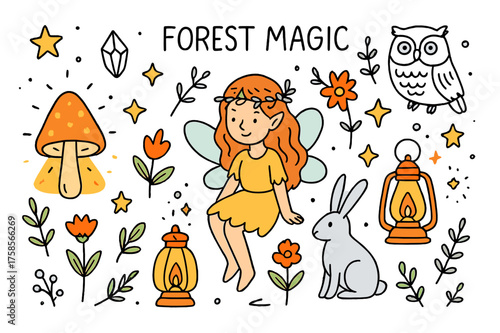Enchanted Forest Creatures. Forest Magic. Hand-drawn doodle illustration fairy (colored), glowing mushroom, sparkles (colored), owl, lantern (colored), rabbit,