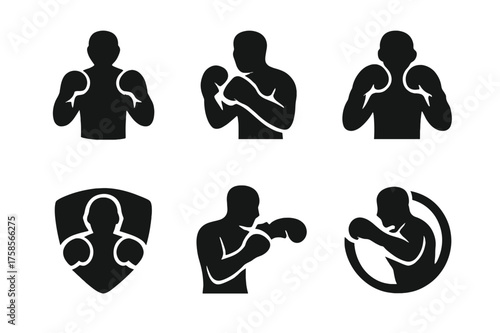 Boxer Silhouette Logos. Boxing fitness workouts. Set Logo of boxer silhouette: Symmetrical form, Filled silhouette, Negative space, Stylized detail, Flat