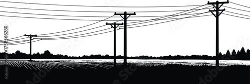 Silhouette illustration of electrical power poles and wires stretching across rural farmland landscape, black and white energy distribution vector, countryside utility scene