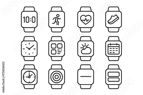 Smartwatch Icon Set. Smartwatch faces. Line icon set of Smartwatch faces: digital time, activity tracker, heart rate dial, step counter, analog style, modular