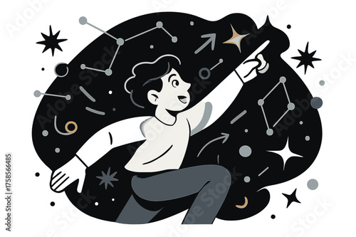 Stargazing Dreamscape. Wonder in the sky. A figure pointing upward while surrounded by glowing constellations and spark-shaped stars. A dreamy,