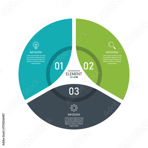 Vector infographic label design with a circle infographic template design and 3 options or steps. Can be used for process diagrams, presentations, workflow layouts, banners, flowcharts, and infography