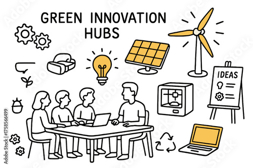 Green Innovation Hub. Green innovation hubs. Hand-drawn doodle illustration green innovation hubs coworking table, wind turbine prototype (accented), solar