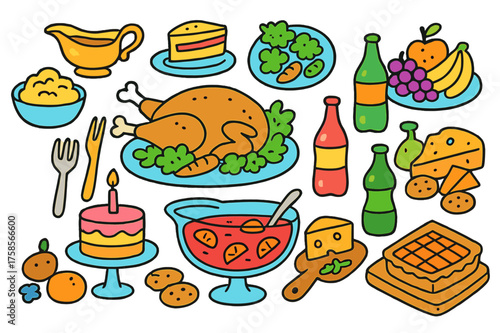 Festive Feast Illustration. Celebration meal. Colorful Hand-drawn doodle Children illustration roasted chicken, mashed potatoes, gravy boat, vegetables, pie,