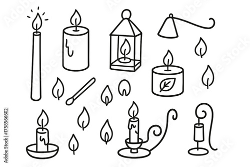 Candle Doodle Icons. Candles. Hand-drawn doodle illustration candles taper candle, pillar candle, tealight, candle holder, flame, wax drips, matchstick, wick,