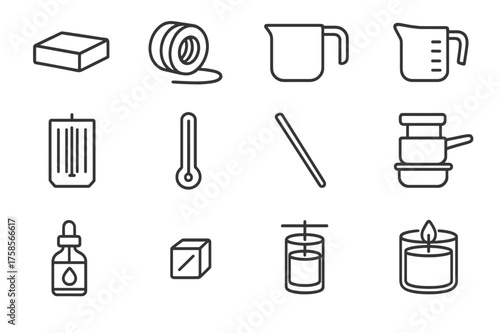 Candle Making Icons. Candle making. Line icon set of Candle making: wax block, wick roll, melting pot, pouring jug, mold, thermometer, stir stick, double
