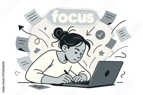 Energetic Study Session. Study Mode. A student with a messy bun leaning over a laptop, surrounded by flying notes. Glowing ?focus? text hovering in the scene.