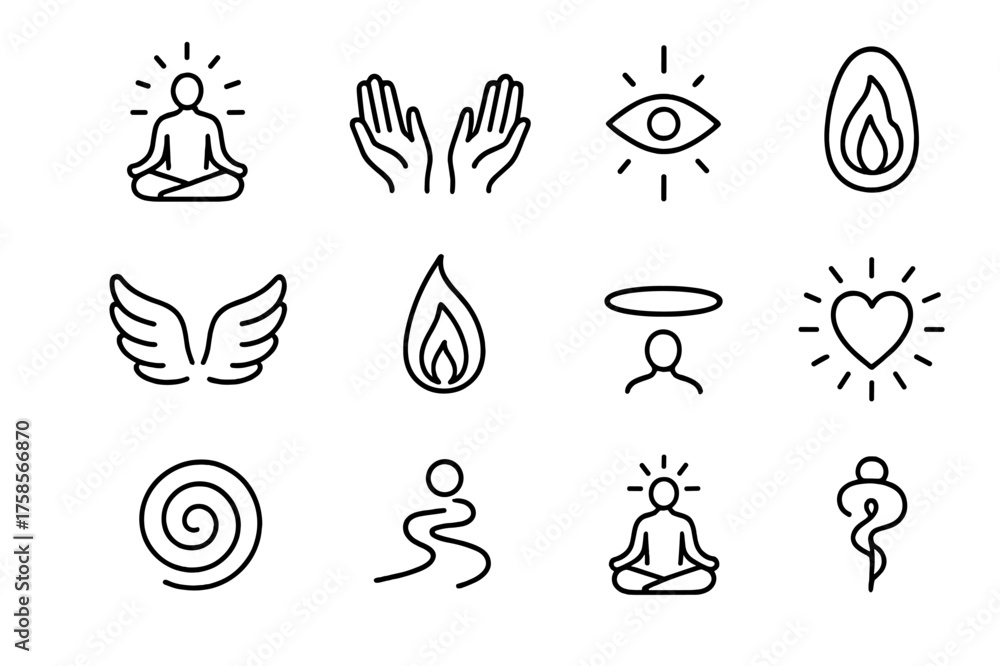 Obraz premium Higher Self Icon Set. Higher self. Line icon set of Higher self: meditating figure, aura glow, open hands, third eye, ascending light, angel wings, divine