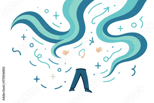 Aurora Dance. Aurora lights. A person standing on a hill with arms wide, glowing ribbons of aurora swirling across the sky. Abstract curves amplify the