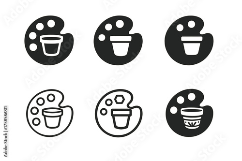 Creative Gardening Logos. Decorating a flower pot. Set Logo of Gardening: paint palette with pot icon. harmonious logo variations of the same emblematic