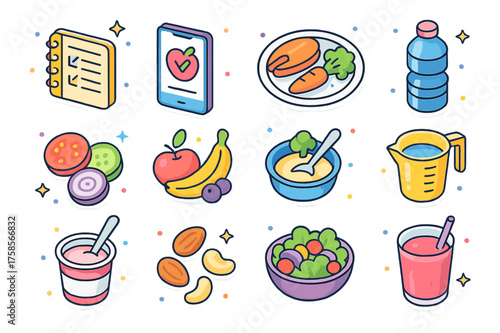 Isometric Nutrition Icons. Nutrition tracking. Colorful isometric vector icons set of nutrition tracking: food diary, smartphone app, healthy meal, water