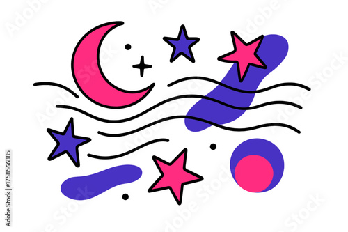 Crescent Moon Nightscape. Silent skies. A glowing crescent moon with abstract floating stars, calm curved lines flowing across the background like whispers.