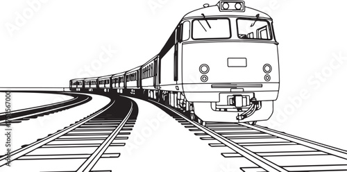 Black and White Line Art of a Train on Tracks