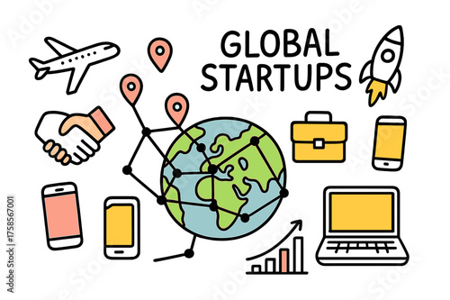 Global Startup Icons. Global Startups. Hand-drawn doodle illustration globe (colored), airplane, location pins (colored), network lines, handshake (colored),