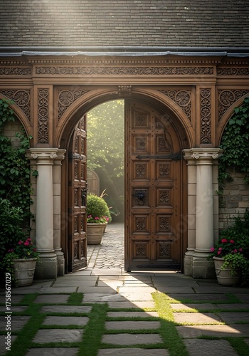Ornate wooden archway reveals a tranquil garden, beckoning exploration and a touch of mystique and wonder