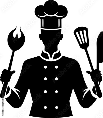  Chef silhouette male figure holding utensils silhouette  vector black , white background