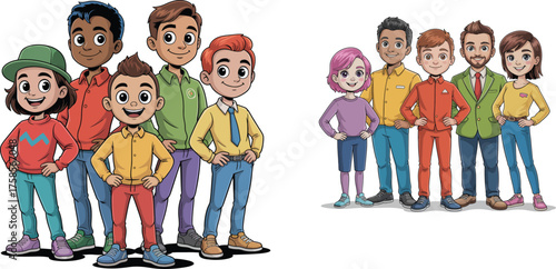 A diverse group of cartoon children and adults standing together, showcasing different ages, ethnicities, and styles of clothing.