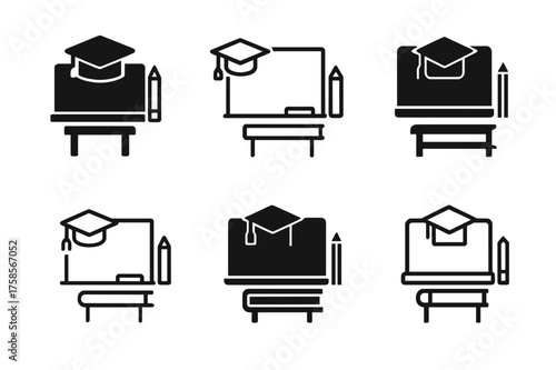 Educational Logo Designs. Groundbreaking work in education and pedagogy. Set Logo of Education: classroom icon with learning tools. harmonious logo variations