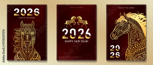 Dark red greeting cards with ornate hand-drawn Asian Horses as a symbol of 2026 New Year. Banners with golden horses as Chinese traditional horoscope sign. A4 posters with wishes for Christmas holiday