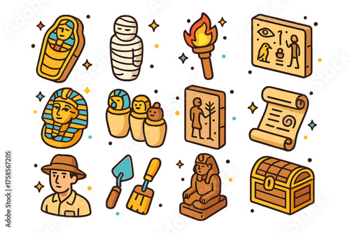 Tomb Exploration Icons. Tomb exploration. Colorful isometric vector icons set of tomb exploration: sarcophagus, mummy, torch, hieroglyph wall, burial mask,