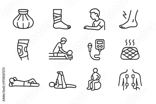 Sports Injury Icons. Sports injury treatment. Line icon set of Sports injury treatment: ice pack, compression wrap, physiotherapist, injured ankle, knee brace,
