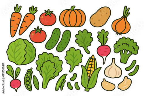 Colorful Vegetable Doodles. Vegetables. Colorful Hand-drawn doodle Children illustration Carrots, tomatoes, cucumbers, pumpkins, potatoes, onions, cabbage,