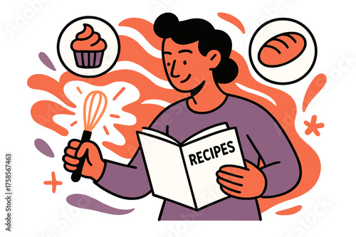 Glowing Whisk Baking Scene. Baking recipes. Person with glowing whisk reading recipe page, cupcake and bread icons floating in the air. Abstract sweet waves