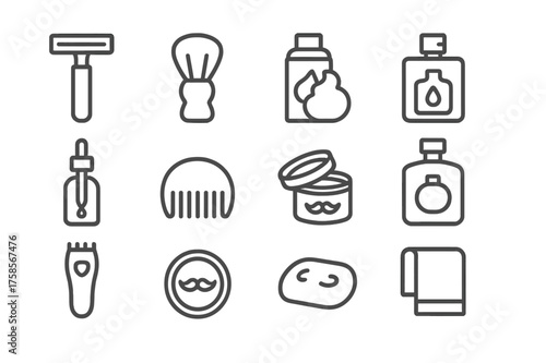Men's Grooming Icons. Men?s grooming products. Line icon set of Men?s grooming products: shaving razor, shaving brush, shaving foam can, aftershave bottle,