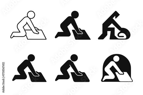 Creative Rug Emblems. Placing a rug in the center of the room. Set Logo of Interior design: person laying rug icon. harmonious logo variations of the same